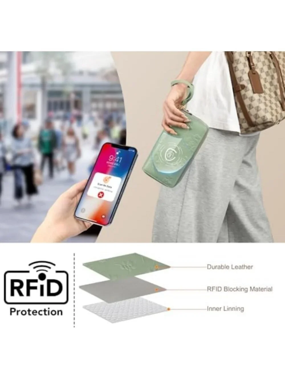 Vegan Leather RFID Blocking Wristlet Wallet - Large Capacity Clutch & Card